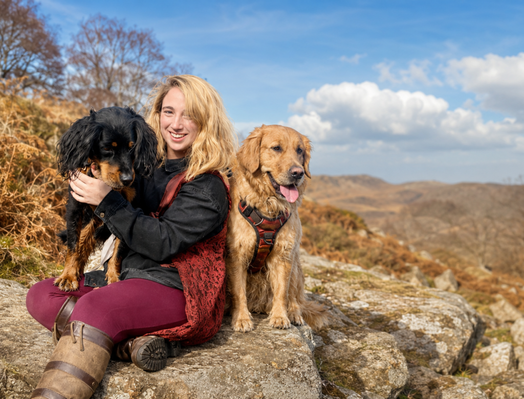 Woman with a Spaniel and Golden Retriever on hill